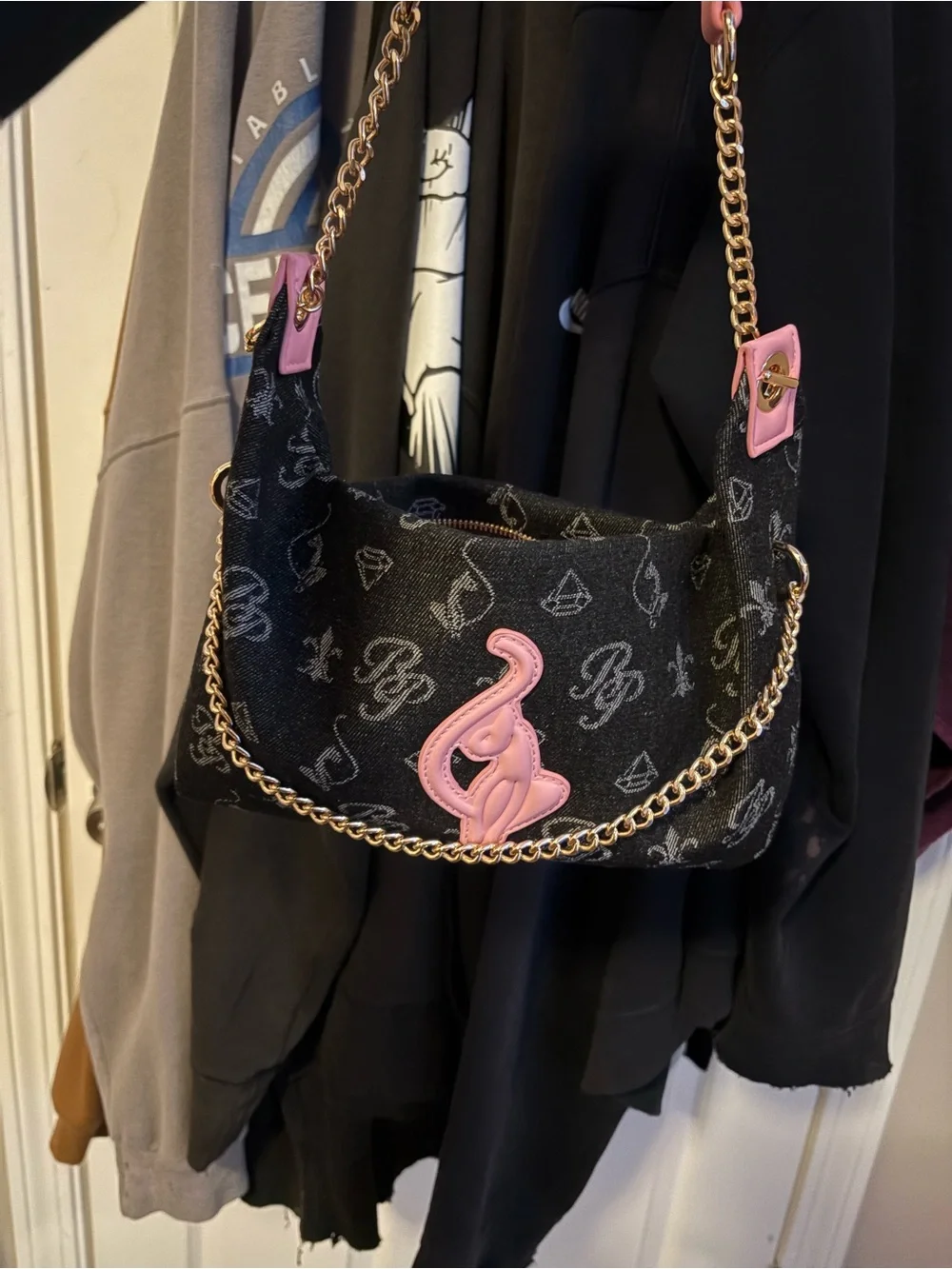 Baby Phat Black Monogram Hobo with Pink Trim & Gold Chain